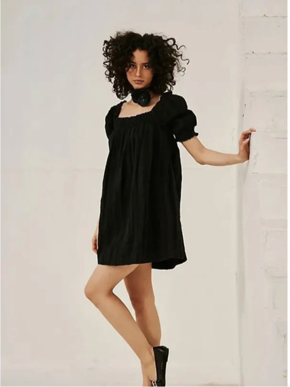 Free People Free-Est Mila Mini Shift Goth Smocked Dress Black Size Large